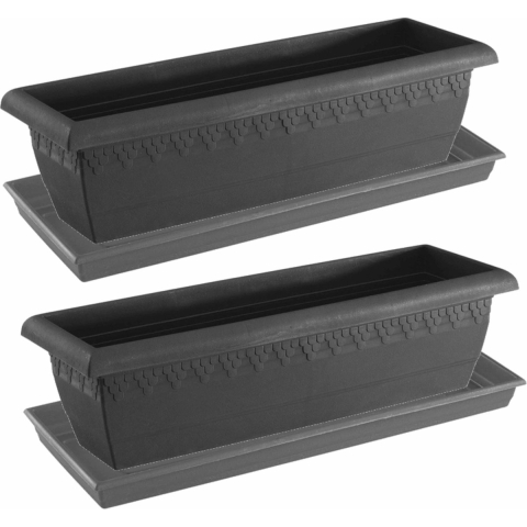 2x stuks antraciet grijze plantenbakken/bloembakken met onderschaal 60 x 20 x 16 cm -
