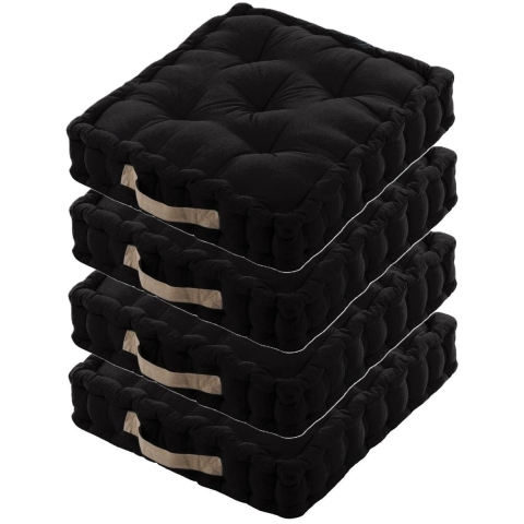 Stof Textile Vloerkussen DUO - 4x - zwart - katoen - 45 x 45 x 10 cm - vierkant - Extra dik -