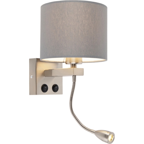 QAZQA Smart wandlamp staal met grijze kap incl. Wifi A60 - Brescia