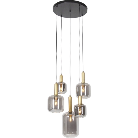 QAZQA Smart hanglamp zwart met goud met smoke glas incl. 5 Wifi A60 -