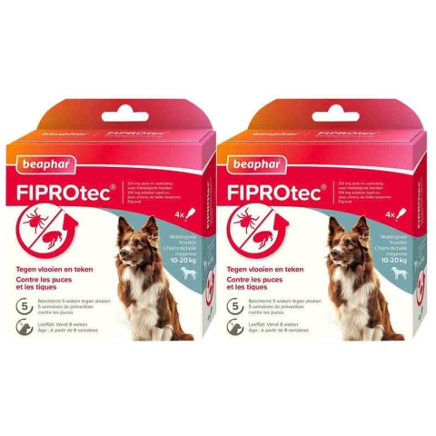 2x Beaphar Fiprotec Anti Teken- en Vlooiendruppels Hond 10 - 20 kg 4 stuks