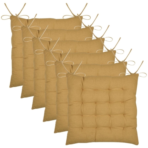 Stof Textile stoelkussen Coline - 6x - okergeel - 38 x 38 x 4 cm - touwtjes sluiting -