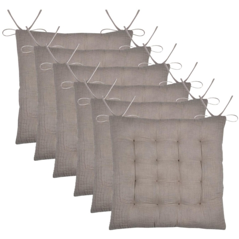 Stof Textile stoelkussen Coline - 6x - beige - 38 x 38 x 4 cm - touwtjes sluiting -