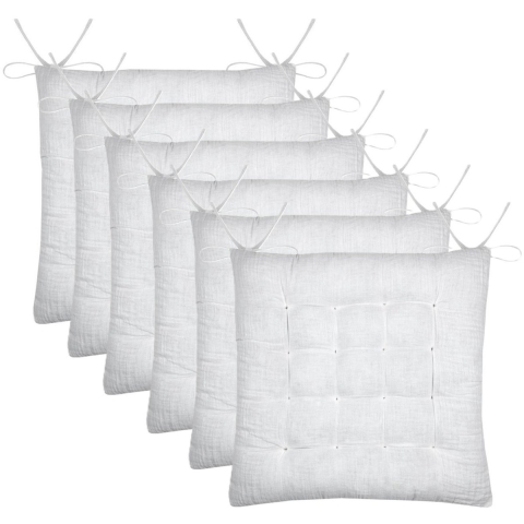 Stof Textile stoelkussen Coline - 6x - wit - 38 x 38 x 4 cm - touwtjes sluiting -