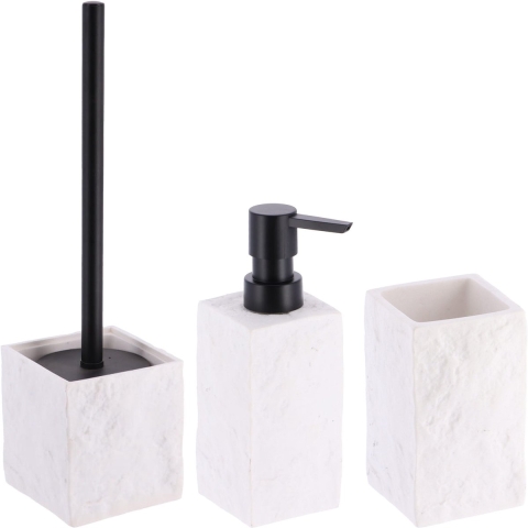 Badkamer set - WC-borstel/zeeppomp/tandenborstelbeker - wit - kunststeen - polyresin -