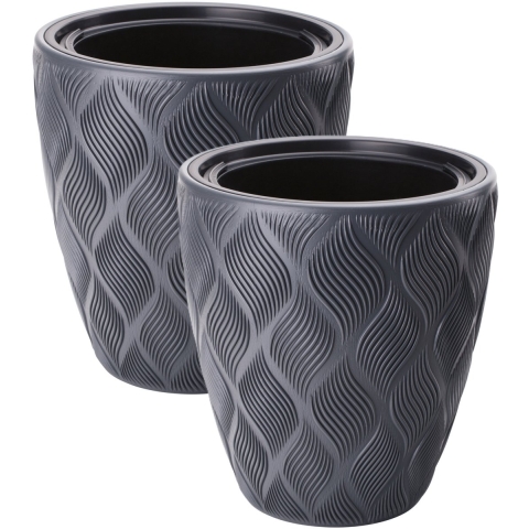 Form Plastic Plantenpot/bloempot Flow - 2x - kunststof - antraciet - D30 x H32 cm - met binnenpot -