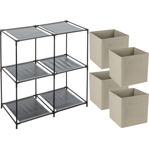 Opbergrek 2-laags - metaal - kunststof - zwart - 67 x 68 cm - incl. 4 opbergmanden beige -