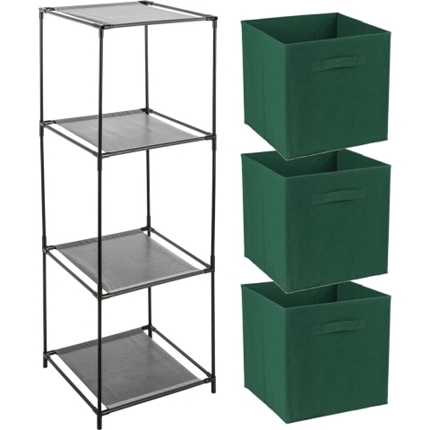 Opbergrek 3-laags - metaal - kunststof - zwart - 34 x 98 cm - incl. 3 opbergmanden donker groen -