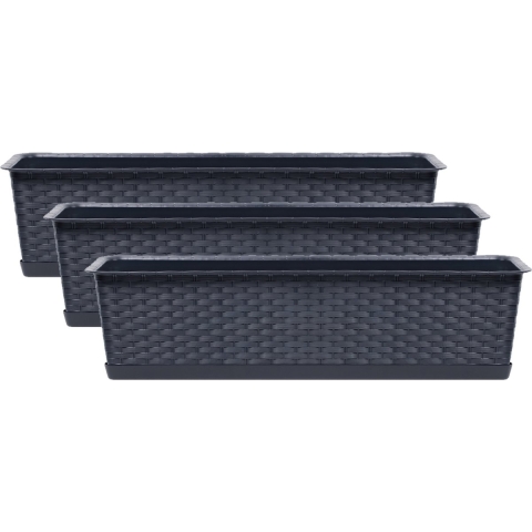Ratolla plantenbak/bloembak - Set van 3x stuks - antraciet - 12L - 70 x 17 x 15 cm - Met opvangschot -