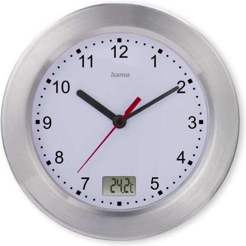 Hama Badkamerklok Mauritius met Thermometer Tikt Niet 17 cm RVS/Wit