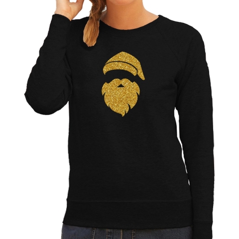 Kerstman hoofd Kerst sweater / trui zwart voor dames met gouden glitter bedrukking M -