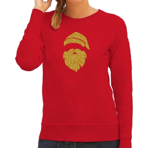 Kerstman hoofd Kerst sweater / trui rood voor dames met gouden glitter bedrukking M -