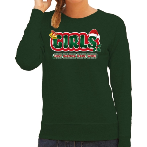 Foute kersttrui/sweater voor dames - girls just wanna have wine - groen/rood - wijn L -