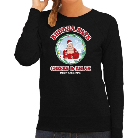 Foute Kersttrui/sweater voor dames - buddha says cheers & relax - zwart - proost - wijn L -