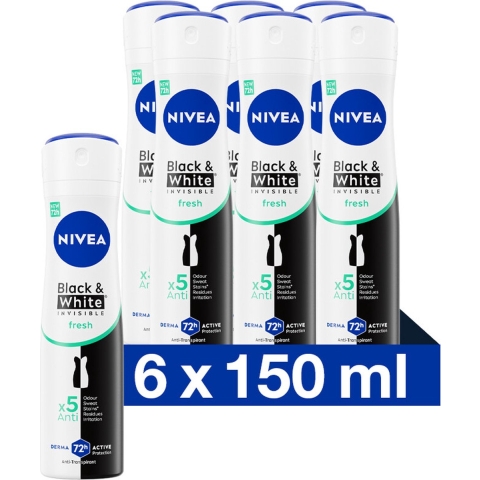 6x Nivea Deodorant Spray Invisible Fresh For Black&White 150 ml