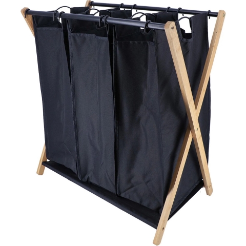 Wasmand met 3 compartimenten - bamboe hout - zwart - inklapbaar - was sorteren -
