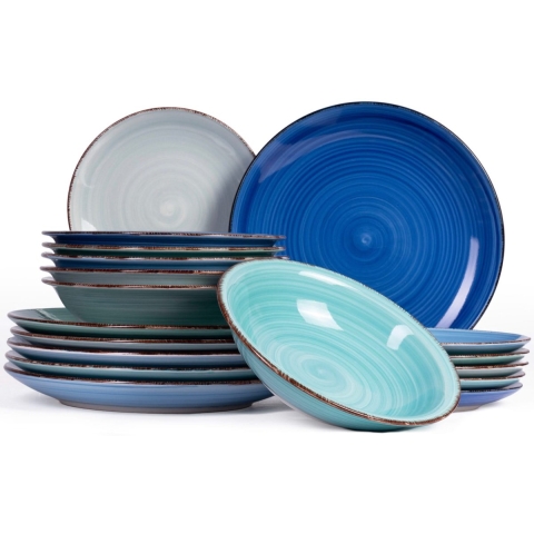 Cookinglife Serviesset Delice Blauw - 18-delig / 6 personen - 6 dinerborden, 6 diepe borden en 6 ontbijtborden