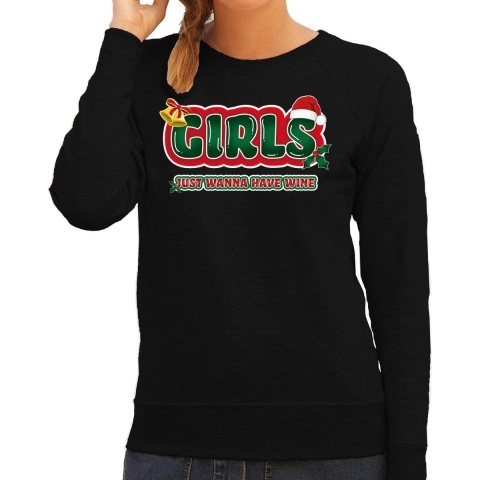 Foute kersttrui/sweater voor dames - girls just wanna have wine - zwart/rood - wijn XS -