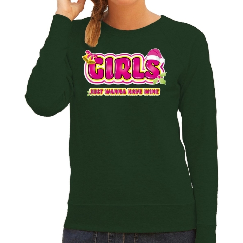 Foute kersttrui/sweater voor dames - girls just wanna have wine - groen/roze - wijn M -