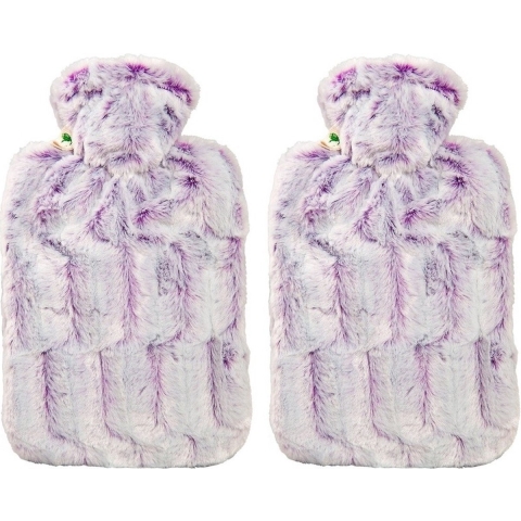 Warm water kruik met warme bont hoes - 2x - lila - 1800 ml - hoogpolig pluche -