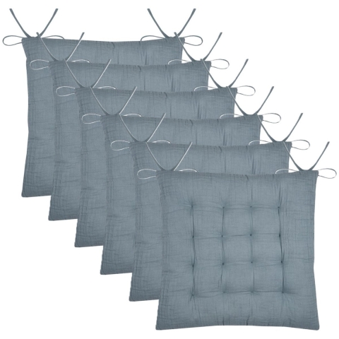 Stof Textile stoelkussen Coline - 6x - ijsblauw - 38 x 38 x 4 cm - touwtjes sluiting -