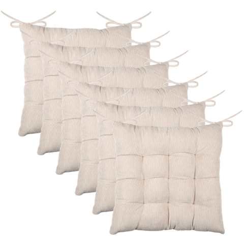 Stof Textile stoelkussen Dandy - 6x - creme beige - 38 x 38 x 5 cm - touwtjes sluiting - ribcord -