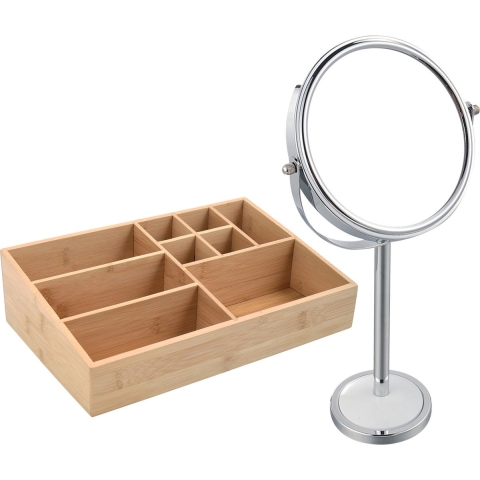 Make-up organizer 9 vaks en spiegel set - 33 x 21 cm - bamboe/metaal - bruin/zilver - 2x zoom -