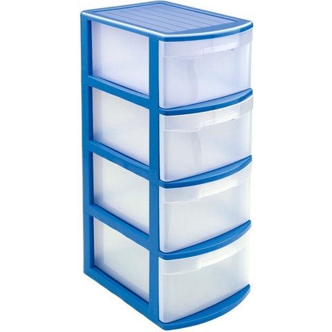 Ladeblok/bureau organizer met 4x lades - blauw/transparant - L39 x B28.5 x H78 cm - kunststof -