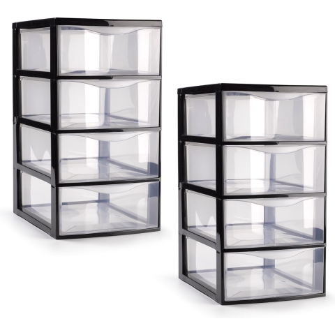 Ladeblokje/bureau organizer - 2x stuks - 4 lades - transparant/zwart - L18 x B25 x H33 cm - plastic -