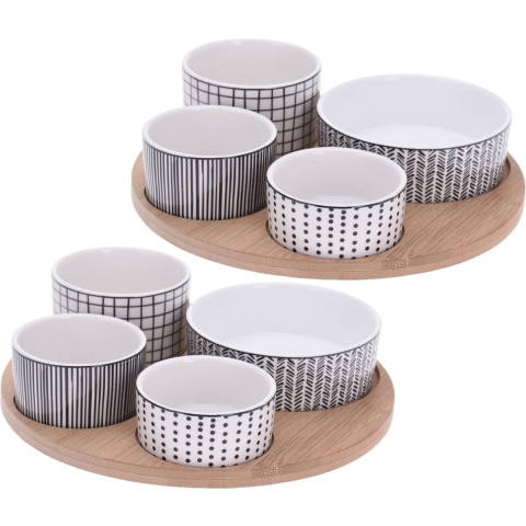 Set van 2x stuks serveerplanken bamboe dia 22 cm met 8x luxe hapjes/saus/tapas porselein schaaltjes -