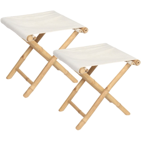 Bijzet krukje/stoel - 2x - Inklapbaar - creme wit - vouwkruk - bamboe/polyester - 40 x 40 x 42 cm -