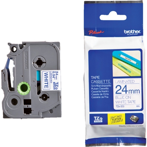 Labeltape Brother TZe, TZ TZe-253 Kunststof Tapekleur: Wit Tekstkleur:Blauw 24 mm 8 m
