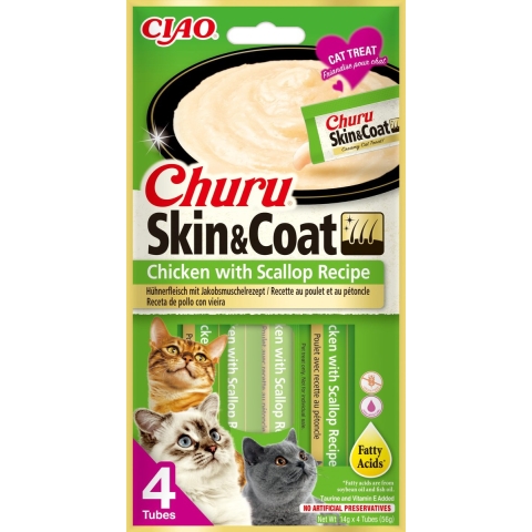Inaba Churu Skin & Coat met kip en Sint-jakobsschelp kattensnack 48 x 14 g