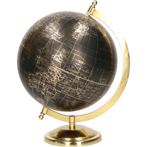Decoratie wereldbol/globe goud/zwart op metalen voet 22 x 27 cm -