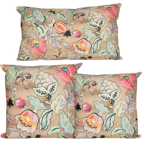 Sierkussen set - 3x stuks - binnen en buiten - wild flowers - beige -