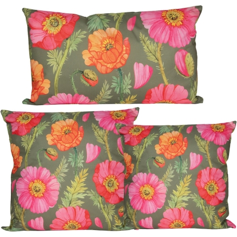 Sierkussen set - 3x stuks - binnen/buiten - klaprozen bloem - roze en groen -