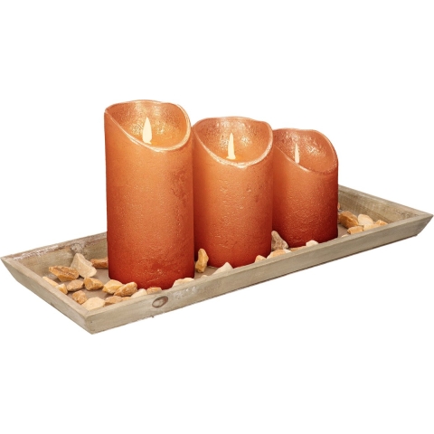 Dienblad van hout met 3 LED kaarsen in koper kleur 39 x 15 cm -
