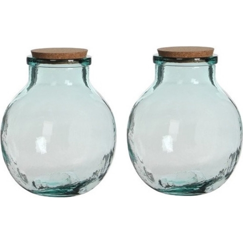 2x Ronde vaas Olly 21 x 25 transparant gerecycled glas met kurk -