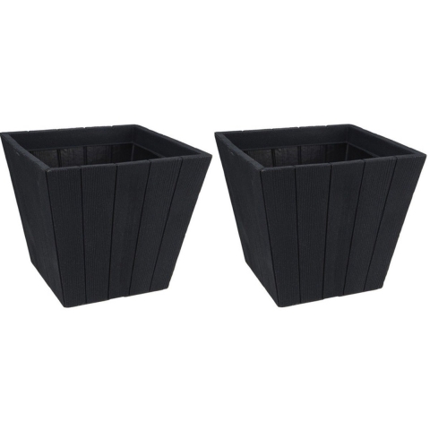 2x terras plantenpot bloempot - hout-look - donkergrijs - vierkant - d40 x h35 cm -