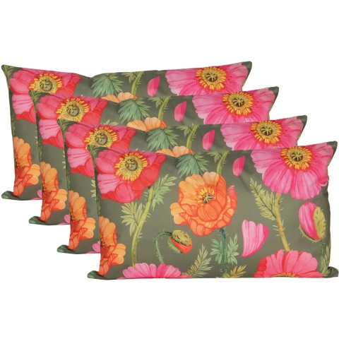 Sierkussen voor binnen en buiten - 4x - klaprozen bloemen - groen/roze - 30 x 50 cm - tuinkussen -