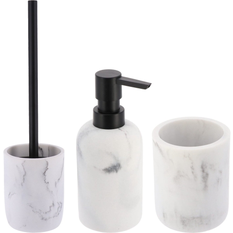 Badkamer set - WC-borstel/zeeppomp/tandenborstelbeker - wit - marmer look - polyresin -