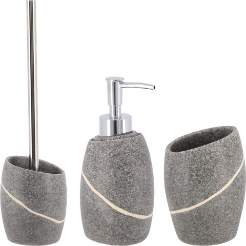 Badkamer set - WC-borstel/zeeppomp/tandenborstelbeker - grijs - steen look - polyresin -