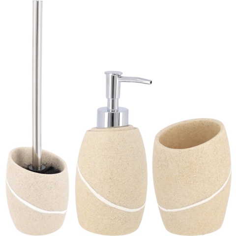 Badkamer set - WC-borstel/zeeppomp/tandenborstelbeker - creme - steen look - polyresin -