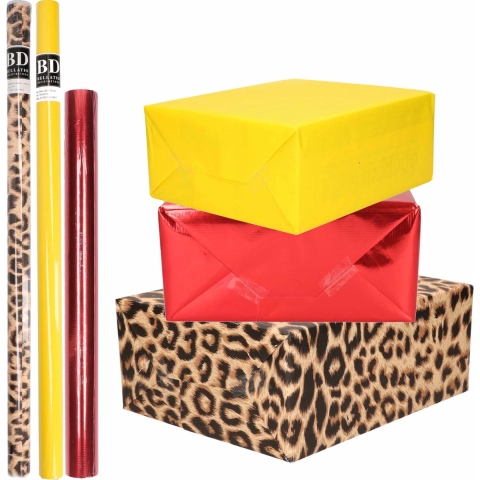 9x Rollen kraft inpakpapier pakket dierenprint/metallic rood en geel 200 x 70/50 cm -