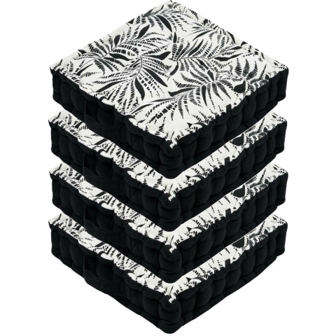 Stof Textile Vloerkussen Leaves - 4x - zwart/wit - katoen - 45 x 45 x 10 cm - vierkant - Extra dik -