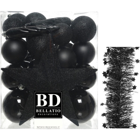 Kerstversiering kerstballen 5-6-8 cm met ster piek en sterren slingers pakket zwart van 35x stuks -