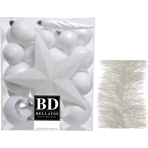 Kerstversiering kerstballen 5-6-8 cm met ster piek en folieslingers pakket winter wit van 35x stuks -
