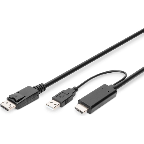 Digitus AK-330111-020-S HDMI-kabel DisplayPort / HDMI Aansluitkabel DisplayPort-bus, HDMI-A-stekker, USB-A stekker 2 m Zwart 4K UHD, Afgeschermd (dubbel),