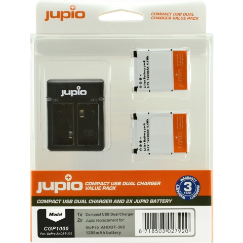 Jupio Kit: 2 x camera-accu AHDBT-302 voor GoPro Hero3 1200mAh + Compacte USB Dual lader