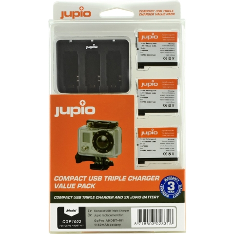Jupio Kit: 3 x camera-accu AHDBT-401 voor GoPro Hero4 1160mAh + Compacte USB Triple lader